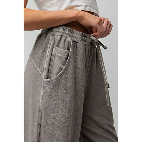 Easel Inside Out Mineral Washed Terry Knit Wide Leg Pants in Ash EB41437 - Picture 3 of 5